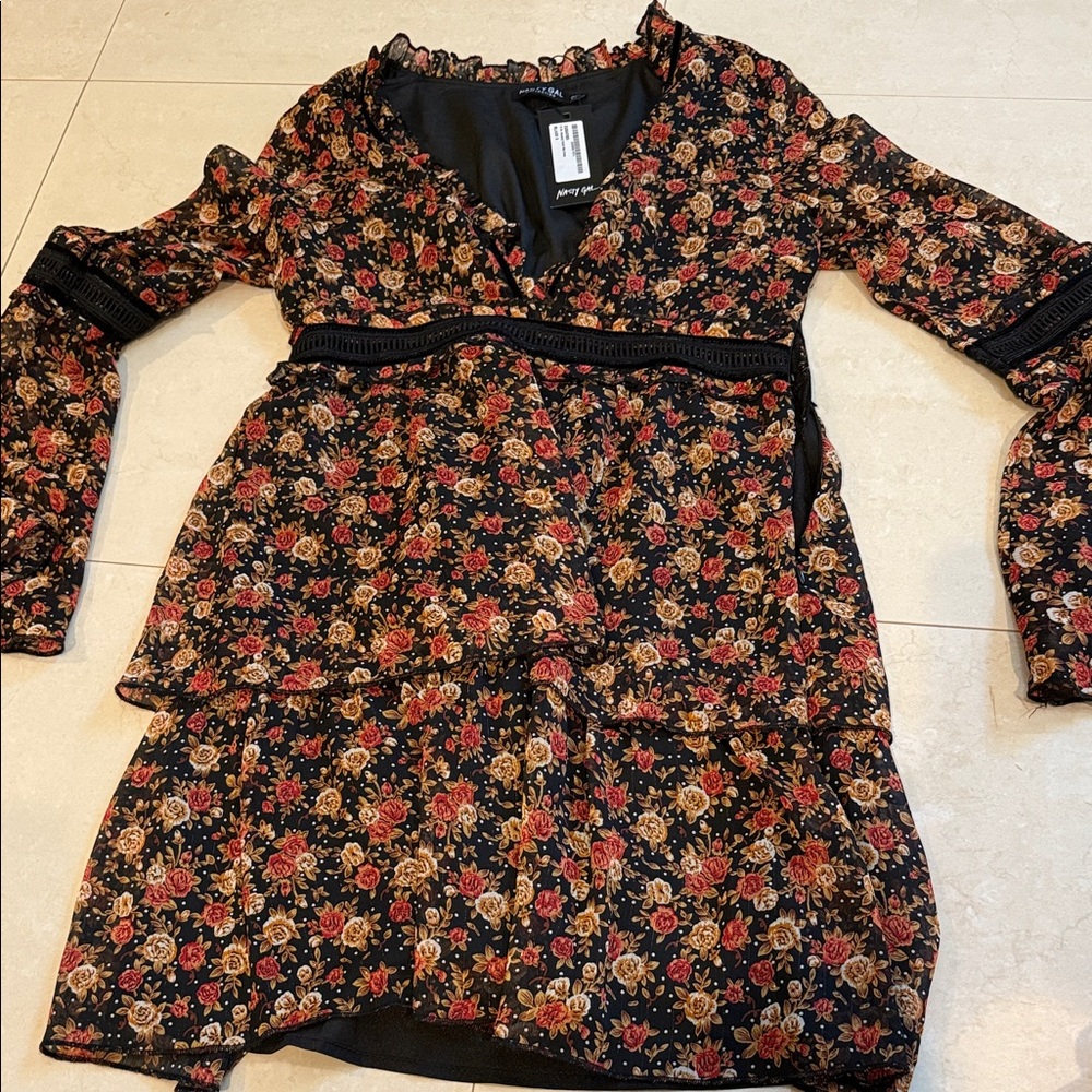Nasty Gal Black Floral Long Sleeve Dress